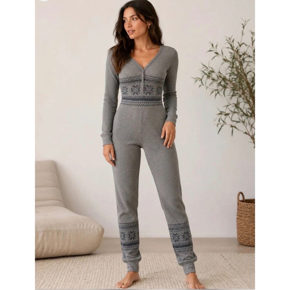 Frankies Bikinis Waffle Knit Thermal Bodysuit Grey Fair Isle Snowflake Medium